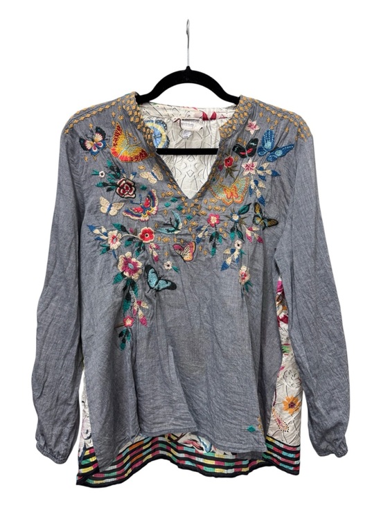 Johnny Was Tops - Johnny Was Gray Butterfly Floral Embroidered Linen Blend Boho Tunic Top M